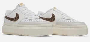 Nike Womens 10 White Leopard Swoosh Court Vision Alta Platform Lace Up Sneaker